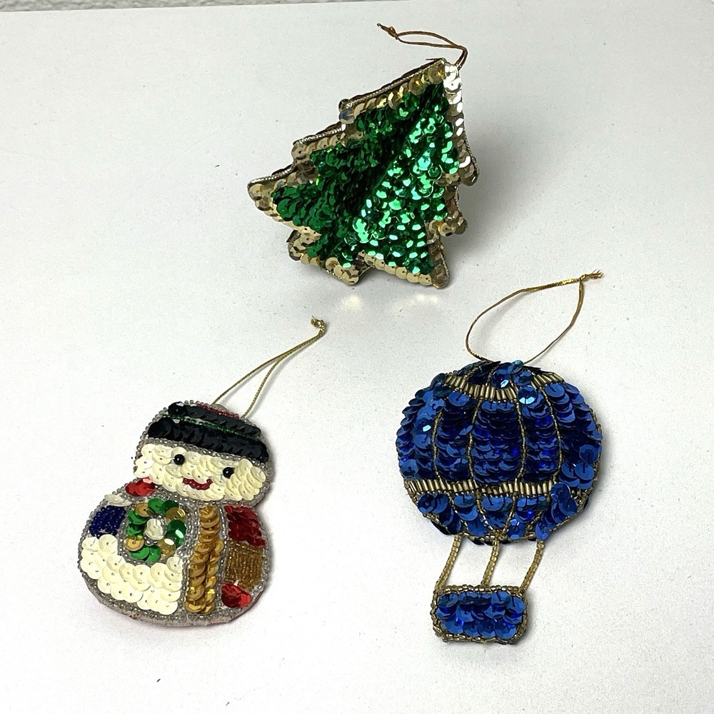 Vintage Handmade Beaded Sequin Christmas Ornaments Snowman Tree Balloon Lot of 3